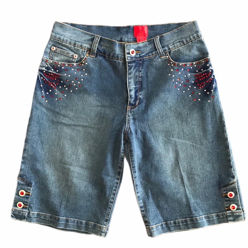 V Cristina embellished rhinestone jean Bermuda 10P
